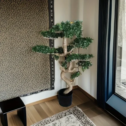 Artificial Pine Bonsai Tree, Plastic Faux Greenery for Home & Office Decor