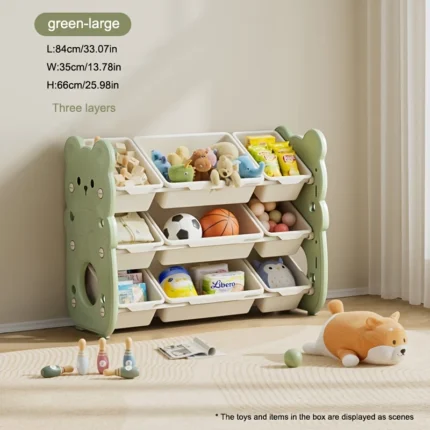 Three-tier storage cabinet with multiple compartments, suitable for storing toys, books, and clothes. Ideal for rooms or playrooms