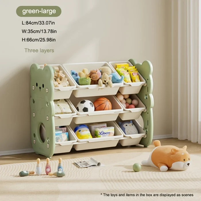 Three-tier storage cabinet with multiple compartments, suitable for storing toys, books, and clothes. Ideal for rooms or playrooms
