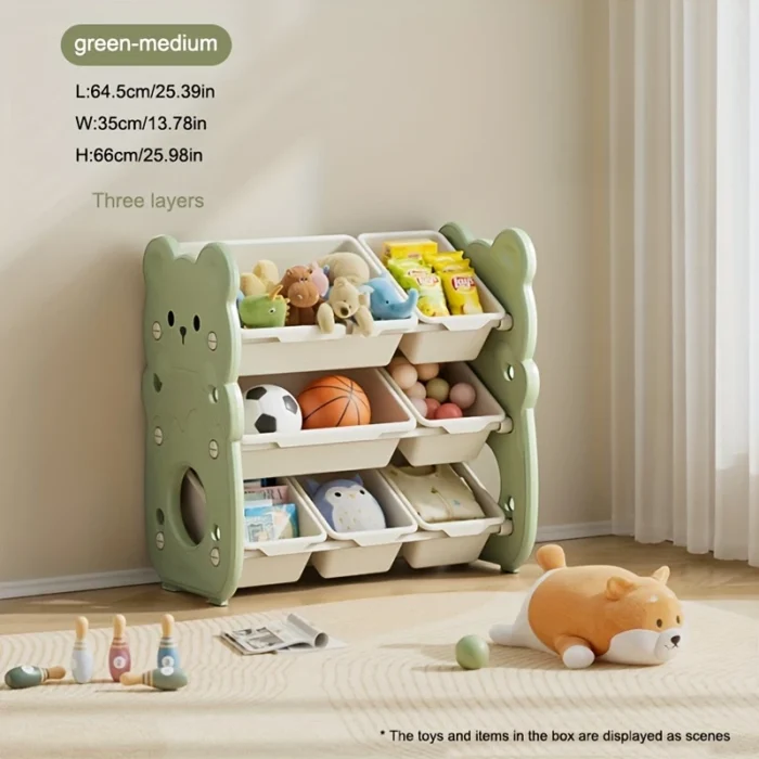 Three-tier storage cabinet with multiple compartments, suitable for storing toys, books, and clothes. Ideal for rooms or playrooms