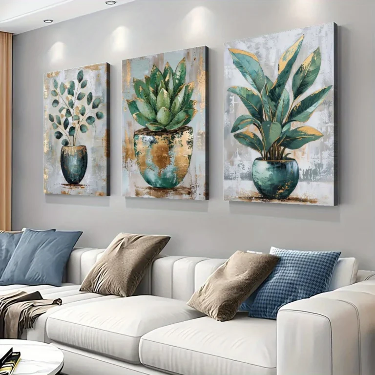 Close-up of wooden framed canvas wall succulent paintings arranged as a set, showcasing vibrant green botanical prints for home decor.