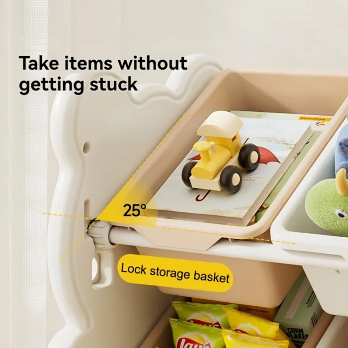 Three-tier storage cabinet with multiple compartments, suitable for storing toys, books, and clothes. Ideal for rooms or playrooms