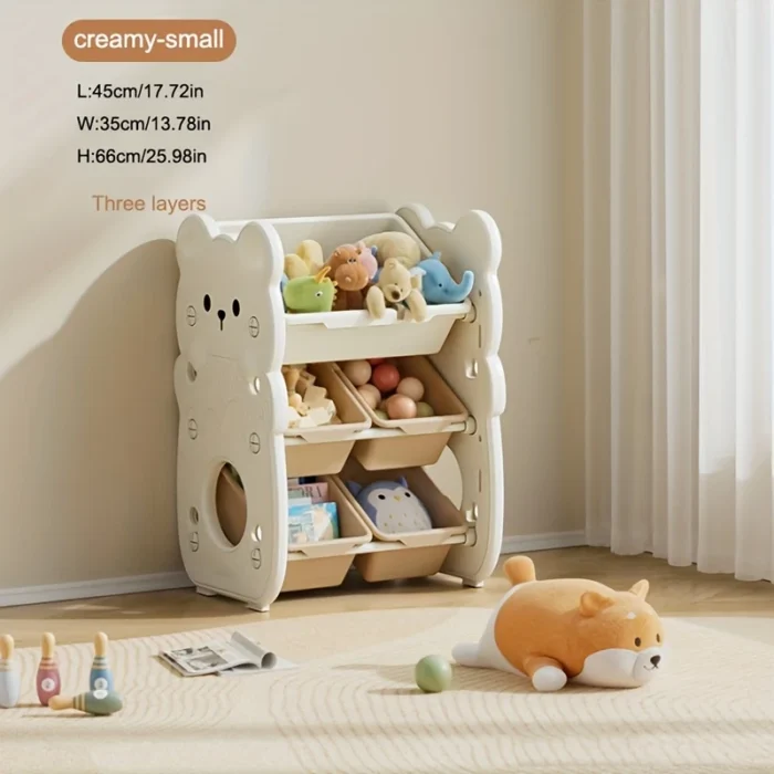 Three-tier storage cabinet with multiple compartments, suitable for storing toys, books, and clothes. Ideal for rooms or playrooms