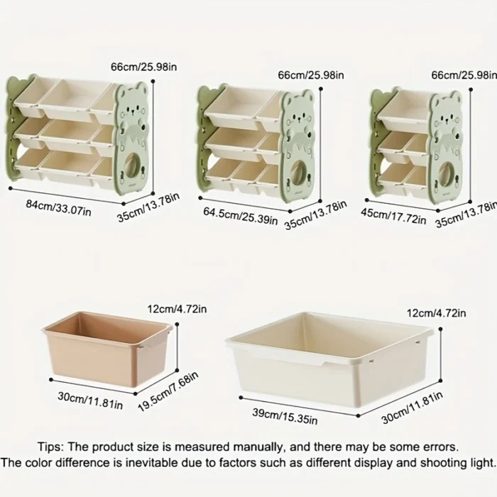 Three-tier storage cabinet with multiple compartments, suitable for storing toys, books, and clothes. Ideal for rooms or playrooms