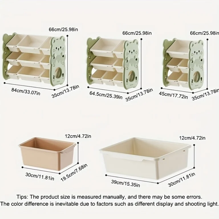 Three-tier storage cabinet with multiple compartments, suitable for storing toys, books, and clothes. Ideal for rooms or playrooms
