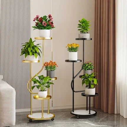4-Tier S-Shaped Iron Plant Stand with Golden Accents
