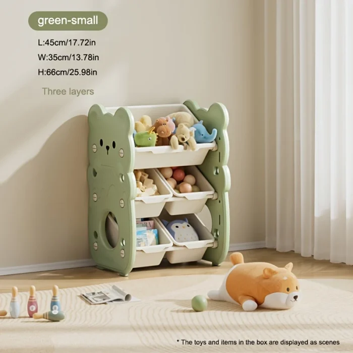 Three-tier storage cabinet with multiple compartments, suitable for storing toys, books, and clothes. Ideal for rooms or playrooms